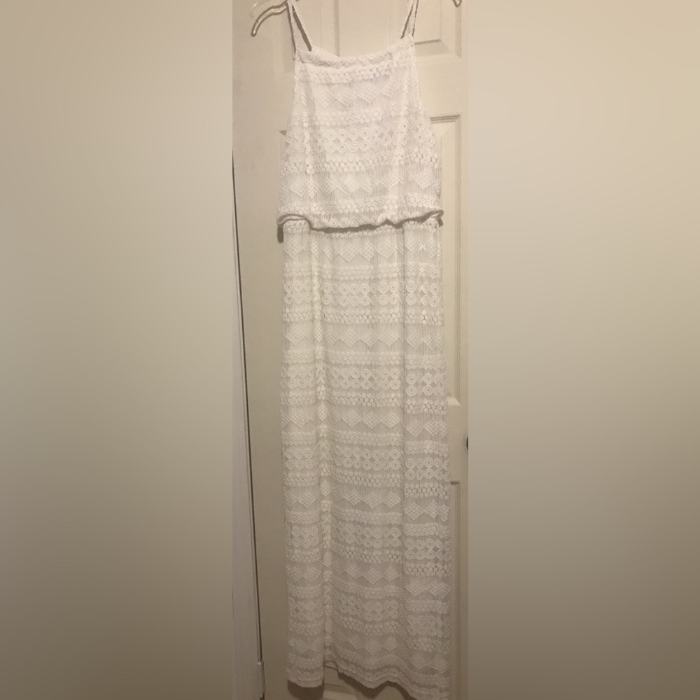 Sharagano Lace Maxi Dress Blouson Geometric Pattern White Size 14